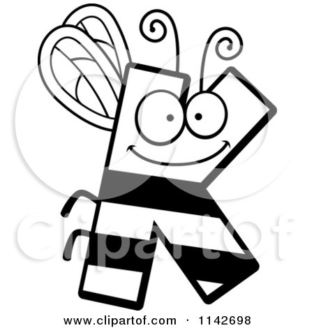 Cartoon Clipart Of A Black And White Letter K Bug - Vector Outlined Coloring Page by Cory Thoman