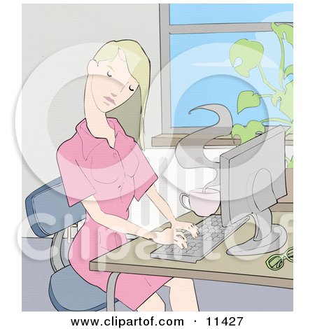 Young Blond Woman Working on a Computer at a Desk in an Office Posters, Art Prints