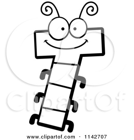 Cartoon Clipart Of A Black And White Letter T Bug - Vector Outlined Coloring Page by Cory Thoman