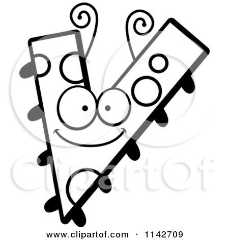 Cartoon Clipart Of A Black And White Letter V Bug - Vector Outlined Coloring Page by Cory Thoman
