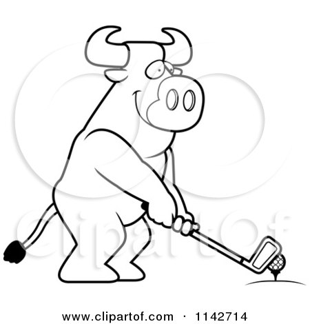 Cartoon Clipart Of A Black And White Golfing Bull Holding The Club Against The Ball On The Tee - Vector Outlined Coloring Page by Cory Thoman