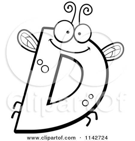 Cartoon Clipart Of A Black And White Letter D Bug - Vector Outlined Coloring Page by Cory Thoman