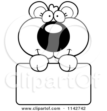 Cartoon Clipart Of A Black And White Cute Bear Cub Holding A Sign - Vector Outlined Coloring Page by Cory Thoman