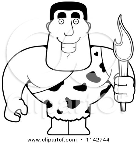 Cartoon Clipart Of A Black And White Buff Caveman Holding A Torch - Vector Outlined Coloring Page by Cory Thoman