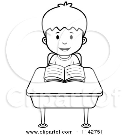 Cartoon Clipart Of A Black And White School Boy Reading At His Desk - Vector Outlined Coloring Page by Cory Thoman