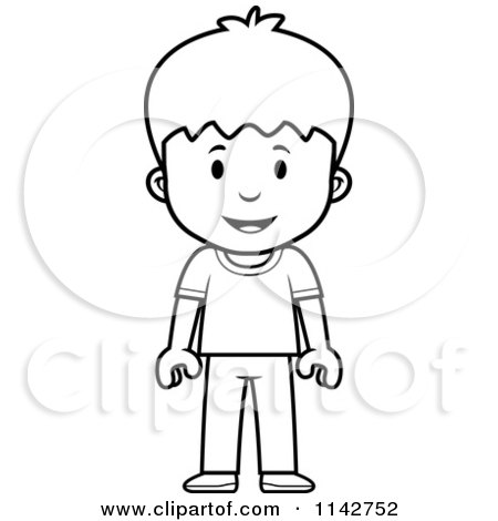 Cartoon Clipart Of A Black And White School Boy Standing - Vector Outlined Coloring Page by Cory Thoman