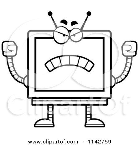 Cartoon Clipart Of A Black And White Mad Screen Robot - Vector Outlined Coloring Page by Cory Thoman