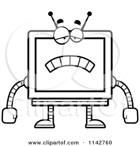 Cartoon Clipart Of A Black And White Sad Screen Robot - Vector Outlined ...