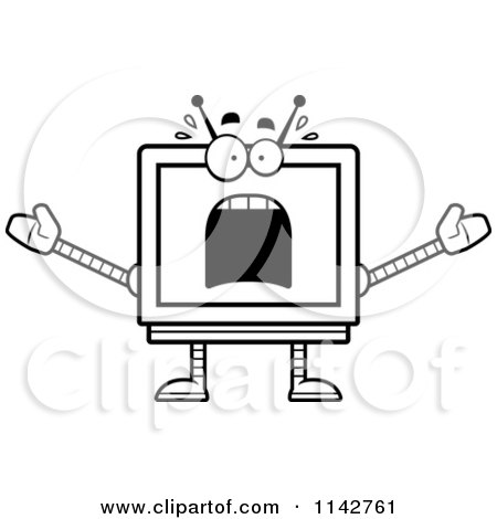 Cartoon Clipart Of A Black And White Scared Screen Robot - Vector Outlined Coloring Page by Cory Thoman