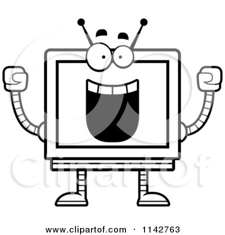 Cartoon Clipart Of A Black And White Cheering Screen Robot - Vector Outlined Coloring Page by Cory Thoman