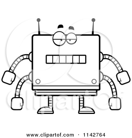Cartoon Clipart Of A Black And White Bored Box Robot - Vector Outlined Coloring Page by Cory Thoman