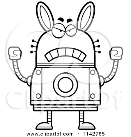 Cartoon Clipart Of A Black And White Mad Robot Rabbit - Vector Outlined Coloring Page by Cory Thoman