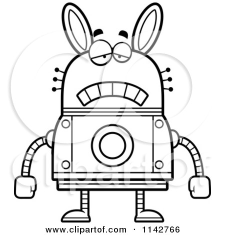 Cartoon Clipart Of A Black And White Sad Robot Rabbit - Vector Outlined Coloring Page by Cory Thoman