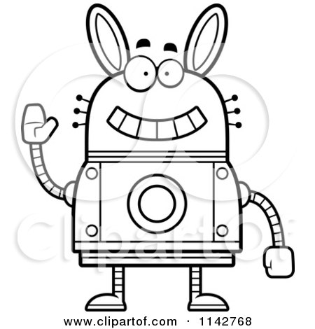 Cartoon Clipart Of A Black And White Waving Robot Rabbit - Vector Outlined Coloring Page by Cory Thoman