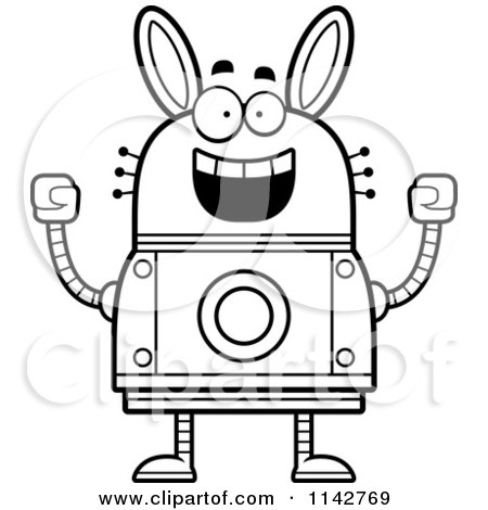Cartoon Clipart Of A Black And White Cheering Robot Rabbit - Vector Outlined Coloring Page by Cory Thoman