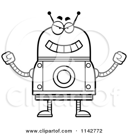 Cartoon Clipart Of A Black And White Evil Robot - Vector Outlined Coloring Page by Cory Thoman