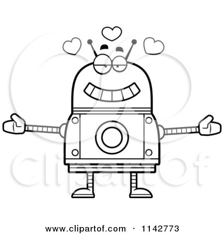 Cartoon Clipart Of A Black And White Loving Robot - Vector Outlined Coloring Page by Cory Thoman