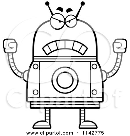 Cartoon Clipart Of A Black And White Mad Robot - Vector Outlined Coloring Page by Cory Thoman