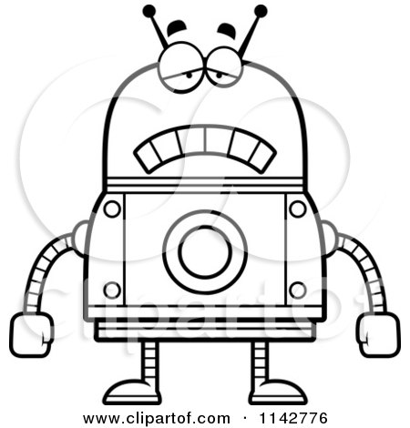 Cartoon Clipart Of A Black And White Sad Robot - Vector Outlined Coloring Page by Cory Thoman