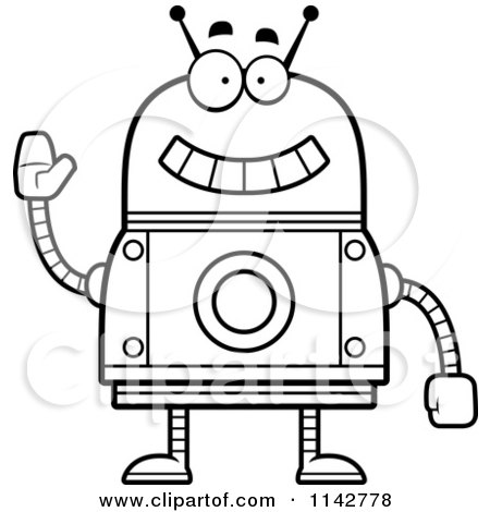 Cartoon Clipart Of A Black And White Waving Robot - Vector Outlined Coloring Page by Cory Thoman