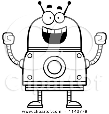 Cartoon Clipart Of A Black And White Cheering Robot - Vector Outlined Coloring Page by Cory Thoman