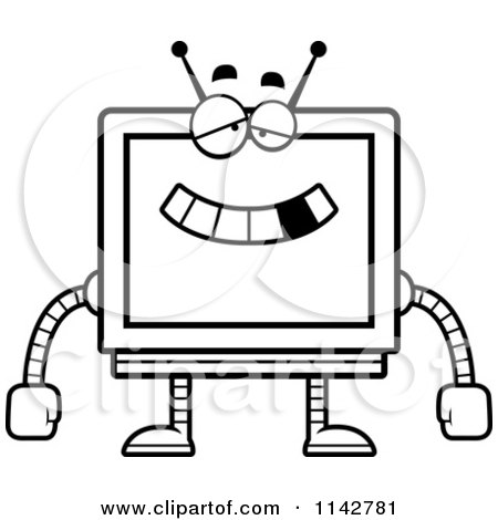Cartoon Clipart Of A Black And White Dumb Screen Robot - Vector Outlined Coloring Page by Cory Thoman