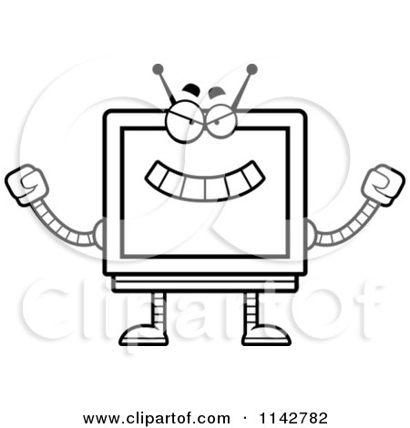 Cartoon Clipart Of A Black And White Evil Screen Robot - Vector Outlined Coloring Page by Cory Thoman