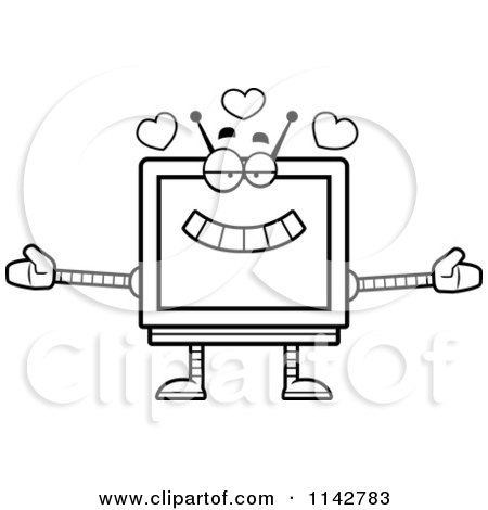 Cartoon Clipart Of A Black And White Loving Screen Robot - Vector Outlined Coloring Page by Cory Thoman