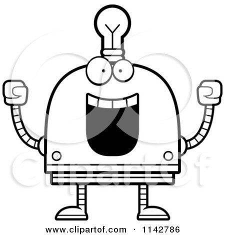 Cartoon Clipart Of A Black And White Cheering Light Bulb Head Robot - Vector Outlined Coloring Page by Cory Thoman