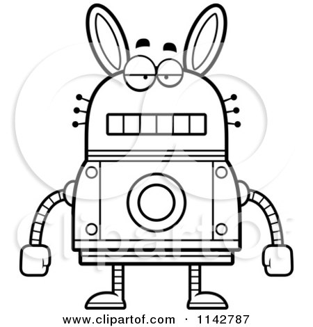 Cartoon Clipart Of A Black And White Bored Robot Rabbit - Vector Outlined Coloring Page by Cory Thoman