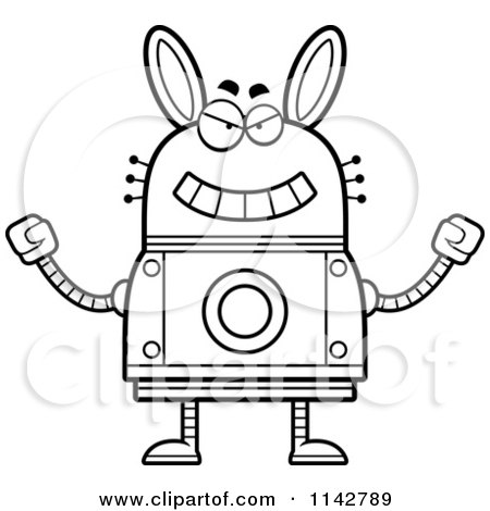 Cartoon Clipart Of A Black And White Evil Robot Rabbit - Vector Outlined Coloring Page by Cory Thoman