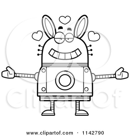 Cartoon Clipart Of A Black And White Loving Robot Rabbit - Vector Outlined Coloring Page by Cory Thoman
