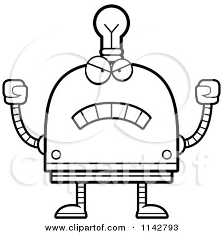 Cartoon Clipart Of A Black And White Mad Light Bulb Head Robot - Vector Outlined Coloring Page by Cory Thoman