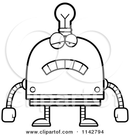 Cartoon Clipart Of A Black And White Sad Light Bulb Head Robot - Vector Outlined Coloring Page by Cory Thoman