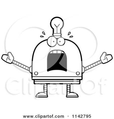 Cartoon Clipart Of A Black And White Scared Light Bulb Head Robot - Vector Outlined Coloring Page by Cory Thoman