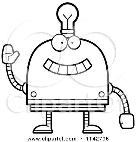 Cartoon Clipart Of A Black And White Waving Light Bulb Head Robot - Vector Outlined Coloring Page by Cory Thoman