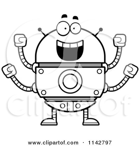 Cartoon Clipart Of A Black And White Excited Robot - Vector Outlined Coloring Page by Cory Thoman