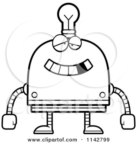 Cartoon Clipart Of A Black And White Dumb Light Bulb Head Robot - Vector Outlined Coloring Page by Cory Thoman