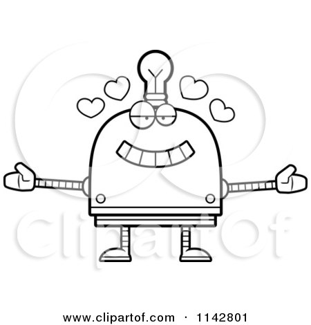 Cartoon Clipart Of A Black And White Loving Light Bulb Head Robot - Vector Outlined Coloring Page by Cory Thoman