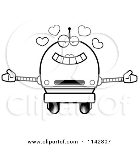 Cartoon Clipart Of A Black And White Loving Robot Girl - Vector Outlined Coloring Page by Cory Thoman