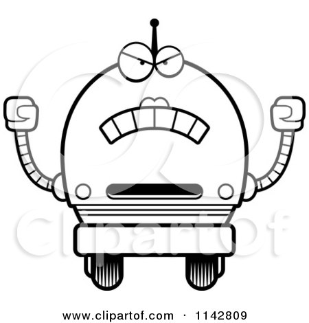 Cartoon Clipart Of A Black And White Mad Robot Girl - Vector Outlined Coloring Page by Cory Thoman