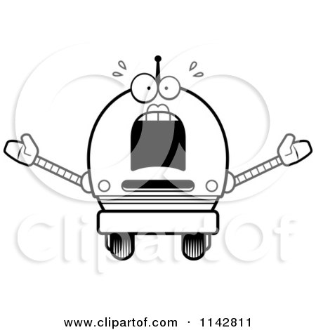 Cartoon Clipart Of A Black And White Scared Robot Girl - Vector Outlined Coloring Page by Cory Thoman