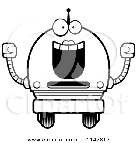 Cartoon Clipart Of A Black And White Cheering Robot Girl - Vector Outlined Coloring Page by Cory Thoman
