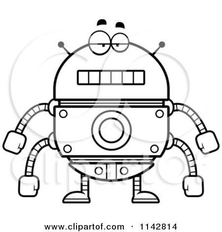Cartoon Clipart Of A Black And White Bored Robot - Vector Outlined Coloring Page by Cory Thoman