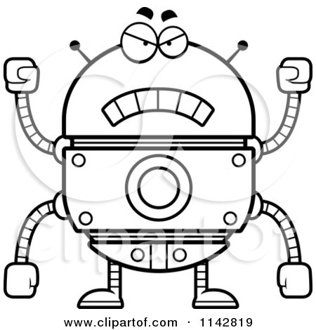 Cartoon Clipart Of A Black And White Mad Robot - Vector Outlined Coloring Page by Cory Thoman