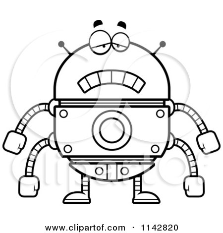 Cartoon Clipart Of A Black And White Sad Robot - Vector Outlined Coloring Page by Cory Thoman