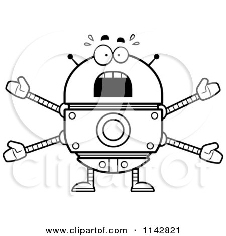 Cartoon Clipart Of A Black And White Scared Robot - Vector Outlined Coloring Page by Cory Thoman