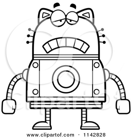 Cartoon Clipart Of A Black And White Sad Robot Cat - Vector Outlined Coloring Page by Cory Thoman