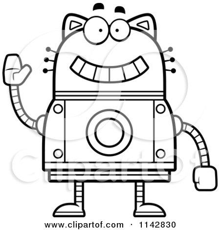 Cartoon Clipart Of A Black And White Waving Robot Cat - Vector Outlined Coloring Page by Cory Thoman