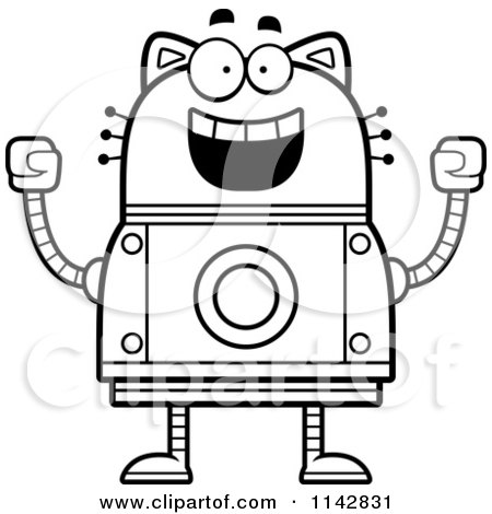 Cartoon Clipart Of A Black And White Excited Robot Cat - Vector Outlined Coloring Page by Cory Thoman
